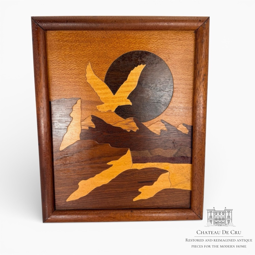 Marquetry Flying Eagle Sunset Scene Over Mountains Wall Art‎ Vintage 11"x9"